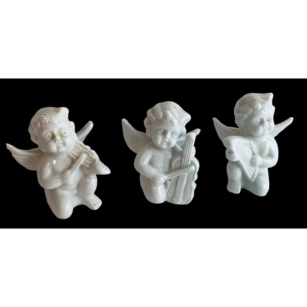 White porcelain 3” Angels Cherubs Musicians Figurines Lot of 3